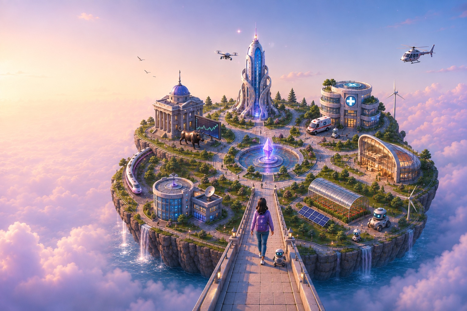 A person walking onto a floating landscape of industries and pathways