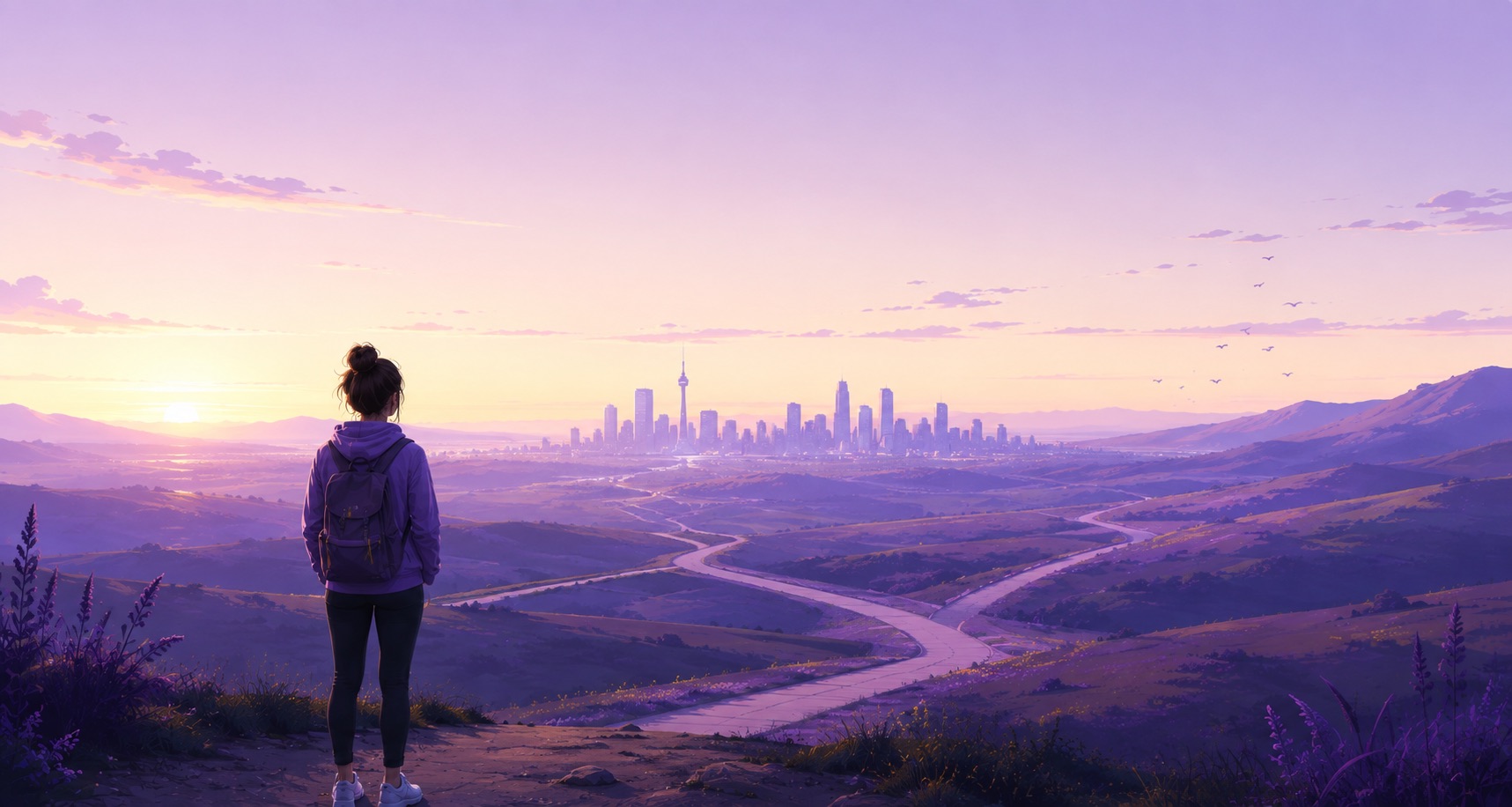 A person looking out across a landscape toward a city on the horizon